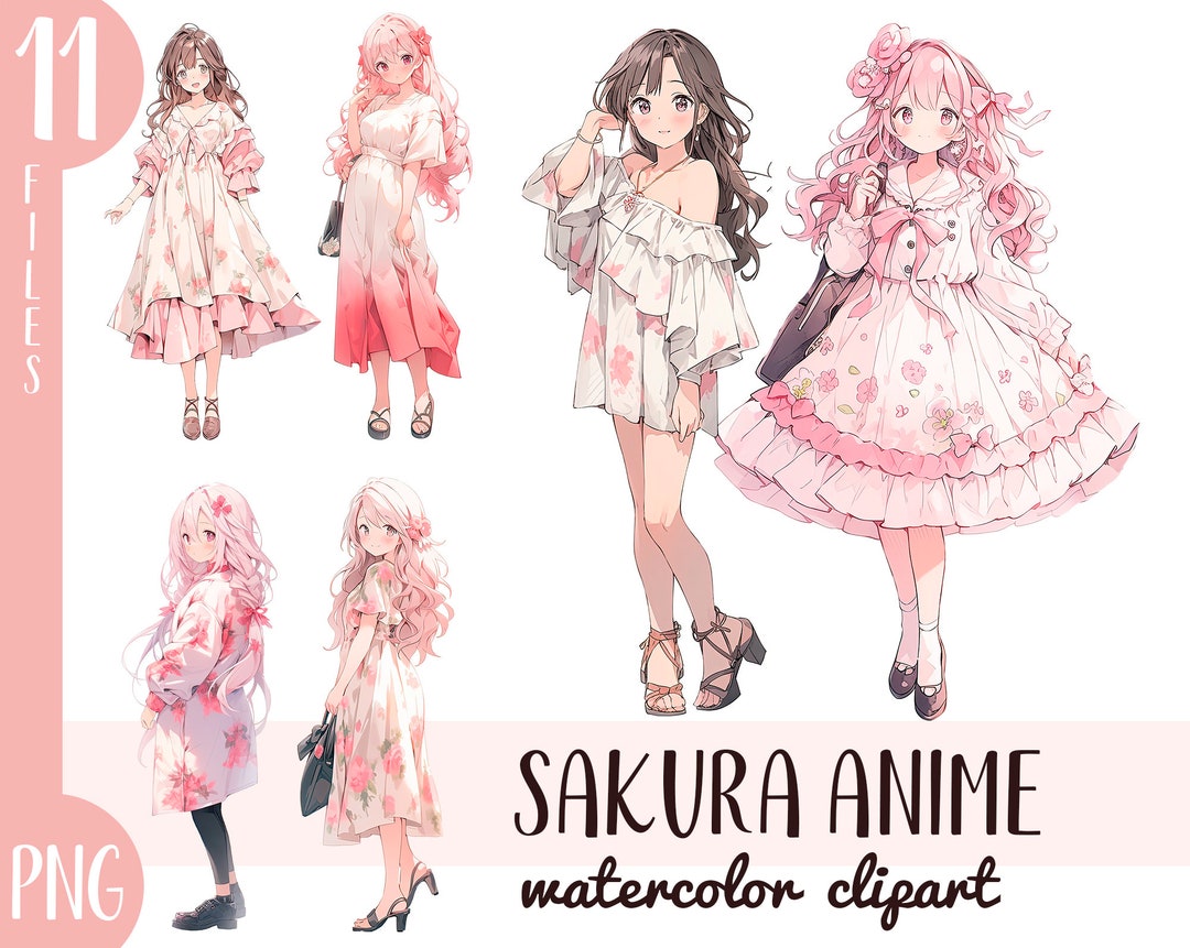 Watercolor Sakura Anime Girl Clipart: Floral Pastel PNG (digital Download)  - Etsy, image size:1080x861