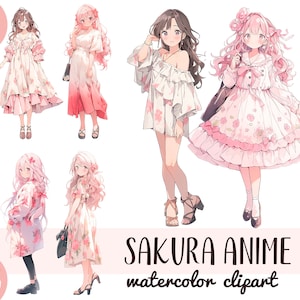 Wasserfarben Sakura Anime Mädchen Clipart - Anime Frau mit rosa Kleidung digitales Papier - Japanische Grafik -Blumen Pastellkleid PNG