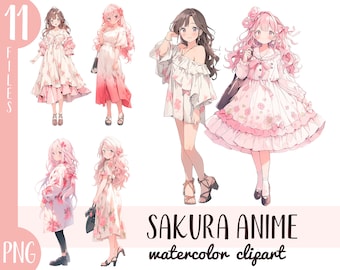 Akvarell Sakura Anime Flicka Clipart: Blommig Pastell PNG (Digital Nedladdning)