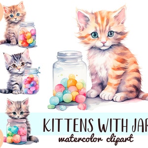 Chaton aquarelle avec des pots de bonbons clipart - mignons chats drôles PNG - sublimation de bonbons - art animaux à fourrure - animaux de compagnie pour graphique de voitures postales