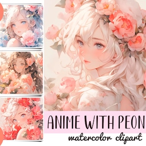 Acuarela peonías chica anime clipart - flores japonesas papel digital - delicadas ilustraciones en estilo japonés - lindas chicas anime florales
