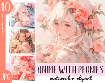 Akvarell pioner Anime Girl Clipart: Japanska blommiga illustrationer (JPG-filer)