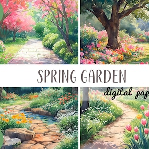 Clipart jardin printanier aquarelle - jardin avec tulipes papier numérique - parc, illustrations d'allée - arbres en fleurs de paysage naturel romantique JPG