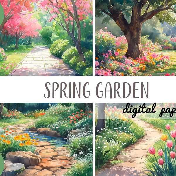 Watercolor spring garden clipart - garden with tulips digital paper -park, alley illustrations-romantic natural landscape-blooming trees JPG