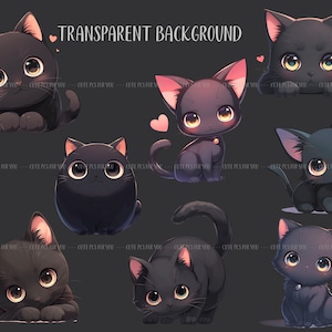 K&ouml;nnte beinhalten: Eine Sammlung entz&uuml;ckender Illustrationen von schwarzen Katzen mit gro&szlig;en, ausdrucksstarken Augen und rosa Ohren. Die Katzen sind in verschiedenen Posen, einige mit Herzen, dargestellt. Der Text "TRANSPARENT BACKGROUND" ist sichtbar.