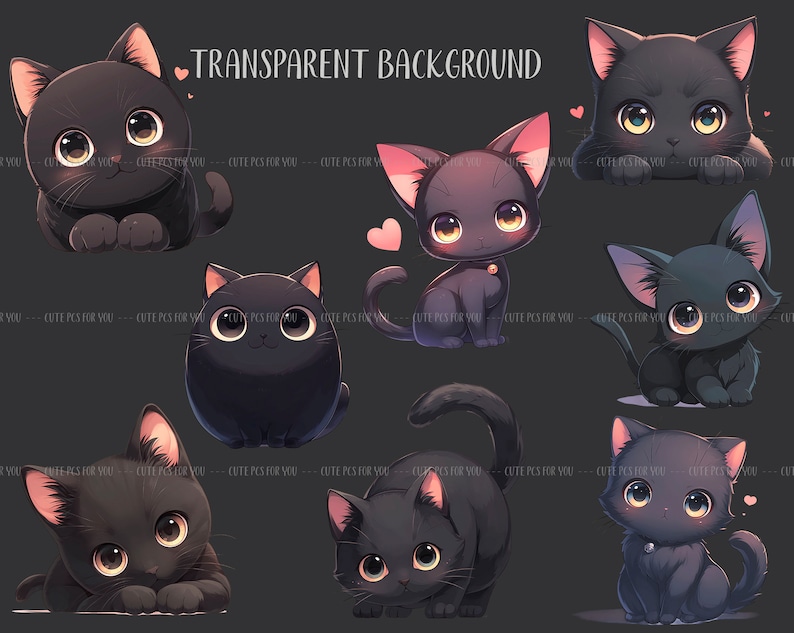 K&ouml;nnte beinhalten: Eine Sammlung entz&uuml;ckender Illustrationen von schwarzen Katzen mit gro&szlig;en, ausdrucksstarken Augen und rosa Ohren. Die Katzen sind in verschiedenen Posen, einige mit Herzen, dargestellt. Der Text "TRANSPARENT BACKGROUND" ist sichtbar.