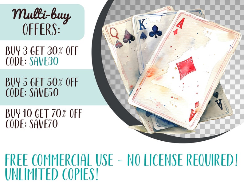 Watercolor Playing Cards Clipart: Poker PNG Graphics (digital Download ...