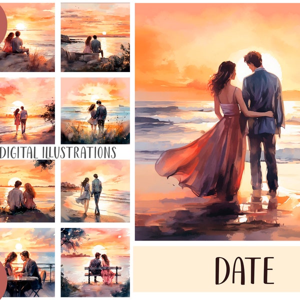 Rendez-vous au bord de la mer clipart - couple amoureux au coucher du soleil papier numérique - amoureux sur les illustrations de plage - soirée romantique, soleil, plage JPG