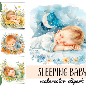 Aquarel slapende baby's clipart - schattige rustende baby JPG-afbeelding - portretten van kinderen - cartoon kind digitaal papier - zachte ansichtkaarten