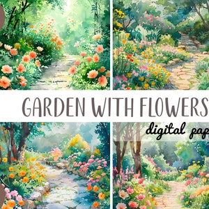 Watercolor Flower Garden Clipart: Romantic Landscape Illustrations (JPG Digital Paper)