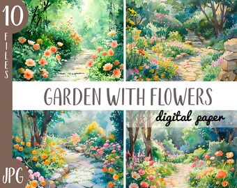 May include: A digital paper pack with 10 JPG files featuring watercolor illustrations of a garden path with flowers. The path is made of stone and leads through a lush green garden with colorful flowers.