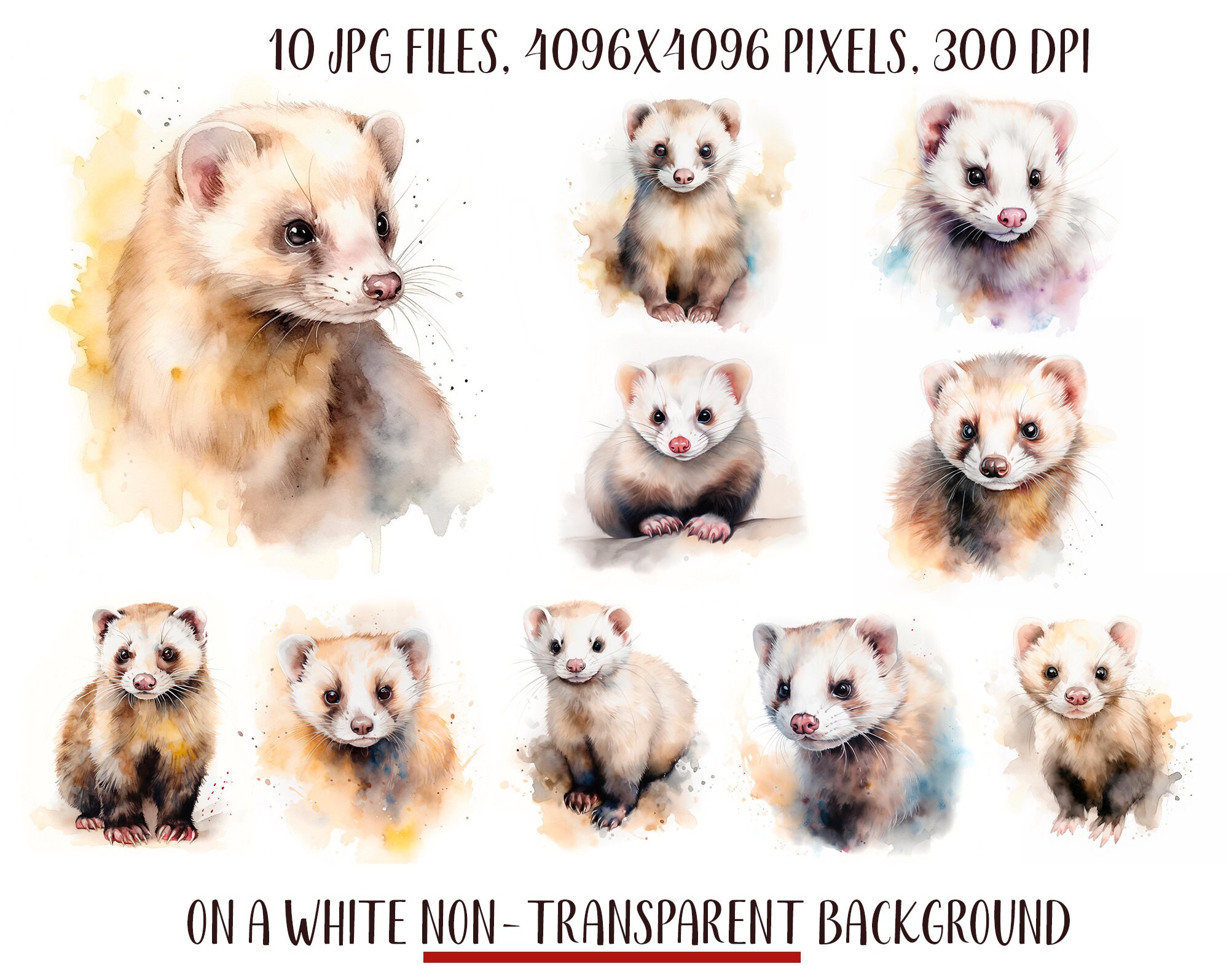 Watercolor Ferrets Clipart Cute Ferret Portrait Jpg Pets - Etsy
