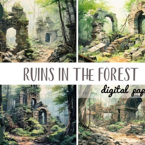 Ruinas de acuarela en el bosque clipart - edificio antiguo abandonado fondo de ruinas de piedra de papel digital JPG - madera, árboles, sublimación de naturaleza