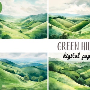 Clipart di colline verdi ad acquerello - sfondo verde JPG - carta digitale di campi ampi - sublimazione della natura - bellissimo paesaggio - distesa verde