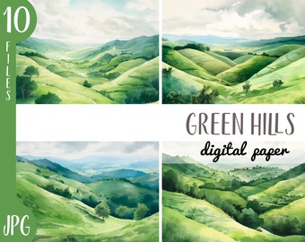 Watercolor green hills clipart - green background JPG - wide fields digital paper - nature sublimation - beautiful landscape - green expanse