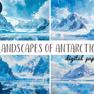 Aquarelle arctique, clipart antarctique - papier numérique de paysage naturel d'hiver - glace, iceberg, journée froide JPG - illustrations de neige-toile de fond bleu