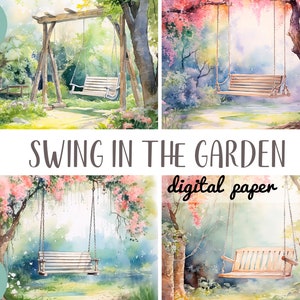 Watercolor swing in the garden clipart - spring cozy garden digital paper - romantic swing, pink flowers, garden JPG - nature landscape