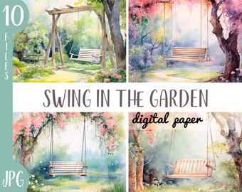 May include: A digital paper pack with 10 watercolor illustrations of swings in a garden setting. The images feature a variety of colors and styles, including pink, blue, green, and yellow. The swings are all wooden and have a rustic look. The images are perfect for creating scrapbook pages, cards, invitations, and other paper crafts.