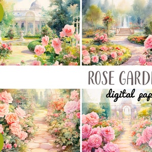Aquarell Rosen Garten Clipart - Garten mit Rosen, digitales Papier, Park, Gasse, Gazebo, romantische Natur, JPG