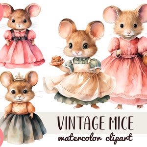 Aquarela vintage ratos fofos clipart - rato engraçado em vestido rosa ilustração digital - vestido de baile - gráfico macio - sublimação de mouse vintage png
