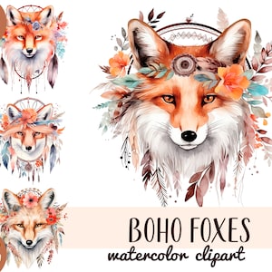 Aquarell Boho Fuchs Clipart - niedlichen Rotfuchs Sublimationen - Fuchs mit Federn PNG - Traumfänger, ethnische Motive, Böhmen, Blumen -orange Stimmung