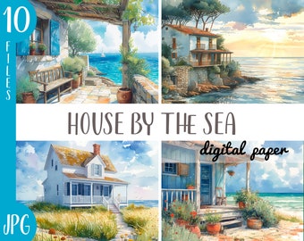 May include: A digital paper pack with 10 JPG files featuring watercolor illustrations of houses by the sea. The images depict various coastal scenes with blue skies, white houses, and ocean views.