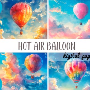 Clipart de balões de ar quente em aquarela - balão no papel digital do céu - balões coloridos em ilustração de nuvens - paisagem da natureza JPG
