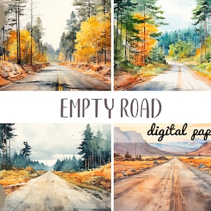 Aquarel lege weg clipart - snelweg digitaal papier - reizen afbeelding JPG - bos, woestijn illustratie-reizen per auto-road trip landschap