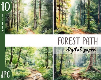 Watercolor path in the forest clipart - woodland track digital paper - green background JPG - wood, trees, nature sublimation -sun light art