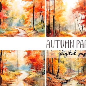 Aquarel herfstpark clipart - herfstbos digitaal papier - feloranje landschapsachtergronden - gezellige herfststemming JPG - natuurafbeeldingen