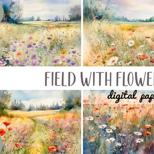 Feld mit Wiesenblumen Clipart - Feld mit Wiesenblumen - digitales Papier - Sommerlandschaft Illustration - Frühlingshintergrund JPG-Blumenpackung