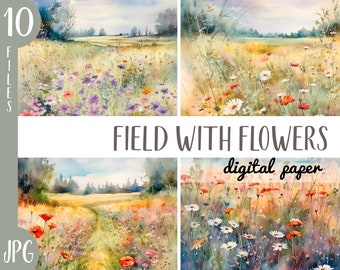 Watercolor field with meadow flowers clipart - wildflowers digital paper - summer landscape Illustration - spring background JPG-floral pack