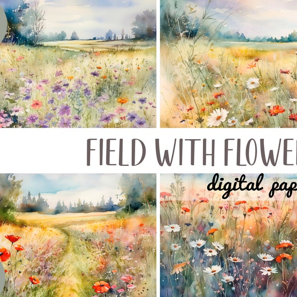 Aquarell Feld mit Wiese Blumen Clipart - Wildblumen digitales Papier - Sommer Landschaft Illustration - Frühling Hintergrund JPG-floral pack