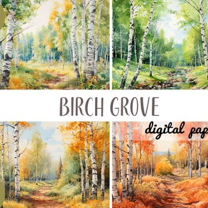 Aquarel Birch Grove clipart - bos illustratie - bos digitale papier-groene achtergrond JPG-park, hout, bomen, zon natuur sublimatie