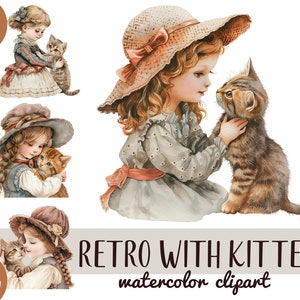 Aquarell Mädchen mit Kätzchen Clipart - Retro Kindergrafik - Vintage-Look Illustration - beige PNG - Kind mit Katze, Scrapbooking Kunst