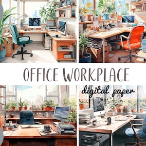 May include: A digital paper pack featuring 10 watercolour illustrations of a home office workspace with a desk, chairs, plants, and windows. The text "OFFICE WORKPLACE digital paper JPG" is visible in the image.