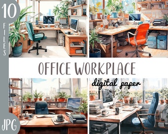 Watercolor office clipart - open working space illustrations -place to work interior digital paper -  table with a computer graphic JPG
