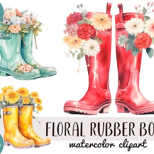 Aquarel rubberen laarzen met bloemen - gekleurde overschoenen digitale afbeelding - bloemencompositie - kleren wachten op regen, set png