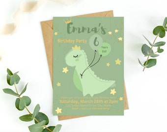 May include: Green dinosaur birthday party invitation with gold glitter stars and a crown. The invitation says "Emma's Birthday Party 6 Years Old!" and includes the date and time of the party.