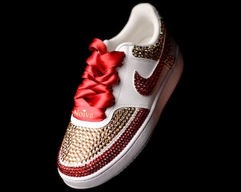 Custom Gold Red Rhinestone Nike Low Sneakers for Women, Wedding Shoes, Gift, Dance, Luxury Custom Nikes