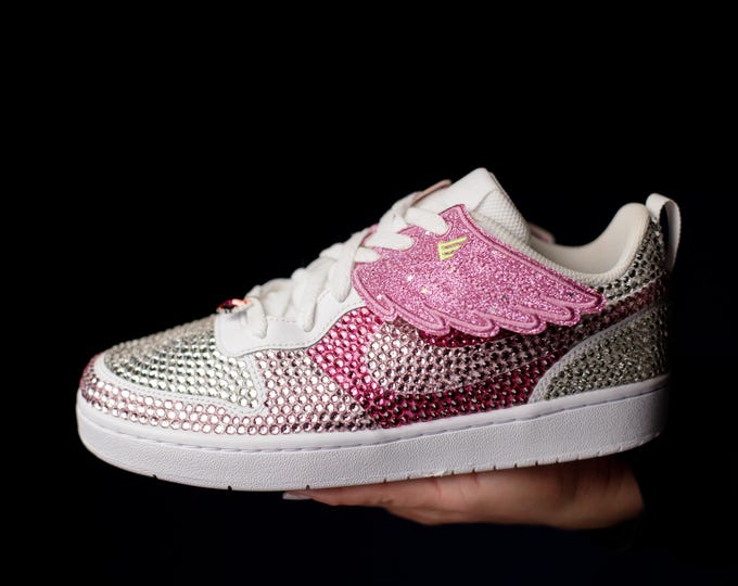 Featured listing image: Stunning Pink-Rhinestone Nike Sneakers with Wing Embellishments