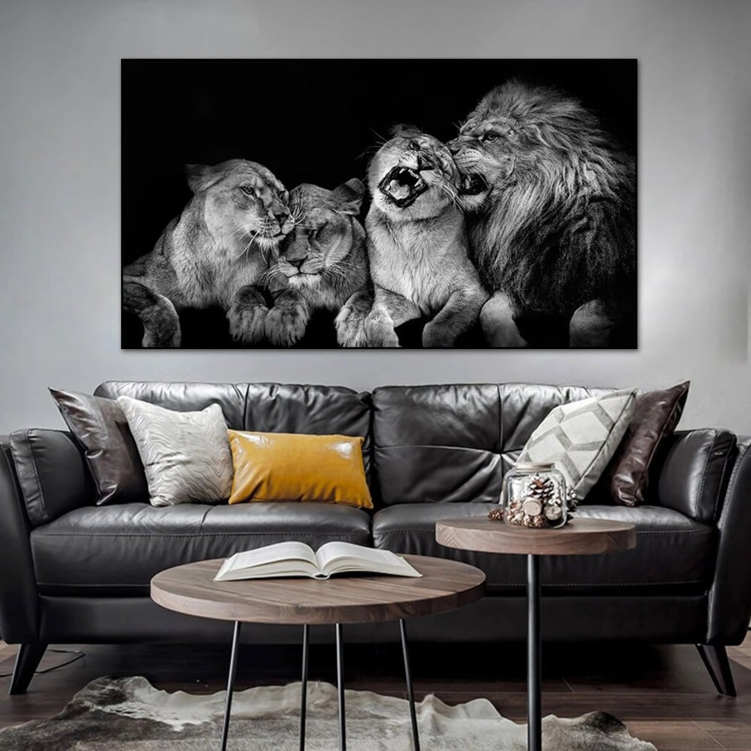 4 Black and White Lions Canvas Painting Wall Art Animal Family Etsy