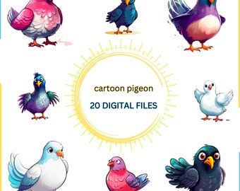 20 Cartoon Pigeon Illustrations, Comic Animals Printable Wall Art, Water Color Art, Vibrant Colorful, Digital Paper, Clipart, Ai Art ,