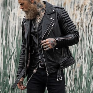 Blouson en cuir de haute qualité pour hommes en peau de mouton de haute qualité (fabriqué sur commande) motard moto style Brando noir