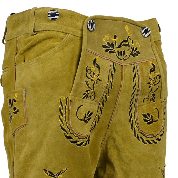 Men's Bavarian Lederhosen Real Genuine Suede Leather German Trachten Oktoberfest Fashion Pants Shorts Matching Suspenders Yellow Mustard