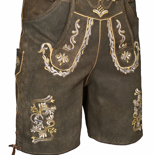 Men's Bavarian Lederhosen Cowhide 100% Real Genuine Suede Leather German Oktoberfest Antique Brown Fashion Pants Shorts Matching Suspenders