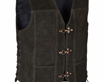 Authentic Suede Leather Waistcoat 100% Real Genuine Leather Fashion Traditional Unique Stylish Vest Ash Grey Metal Buckle Lace Attire Men