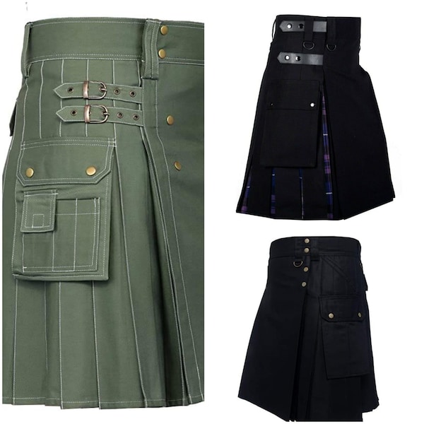 Men’s Scottish Traditional Tartan Highland Utility Kilt Olive Green/Black Fashion Hybrid Cargo Pockets Buckle Premium Quality Made to Order