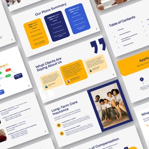 May include: A presentation with a blue and yellow color scheme. The presentation includes a table of contents, a description of long-term care insurance, and a section on application approval. The presentation also includes testimonials from clients.