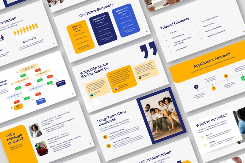 May include: A presentation with a blue and yellow color scheme. The presentation includes a table of contents, a description of long-term care insurance, and a section on application approval. The presentation also includes testimonials from clients.
